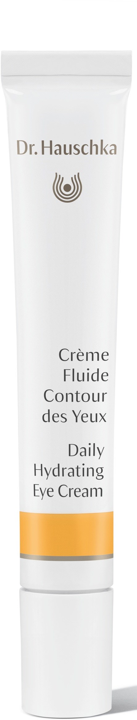 En hvid tube med Dr. Hauschka Daily Hydrating Eye Cream med en gul bånd nær bunden.