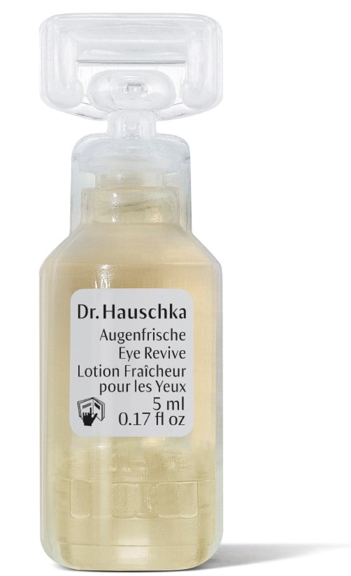 Liten flaska med ögonlotion märkt Dr. Hauschka Eye Revive med tydligt plastlock.