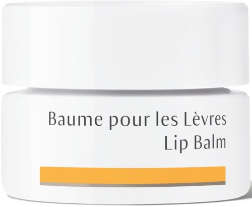 En hvid krukke mærket 'Lip Balm' med en gul streg, designet til læbepfedt.