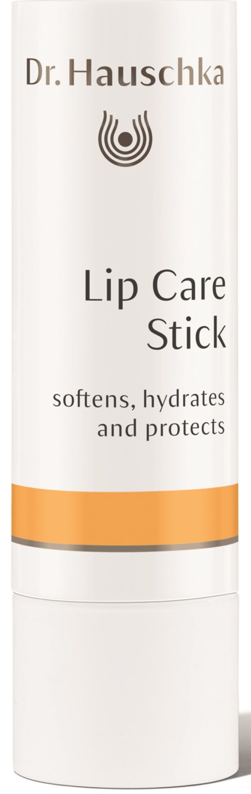 Valkoinen putkilö, jossa on oranssi ja harmaa raidat, merkitty 'Dr. Hauschka Lip Care Stick', korostaen kosteuttavia ja suojaavia ominaisuuksia.