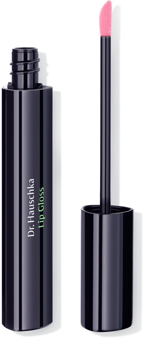 Läppglans i svart rör med applikator visar rosa glans. Etiketten säger 'Dr. Hauschka Lip Gloss'.