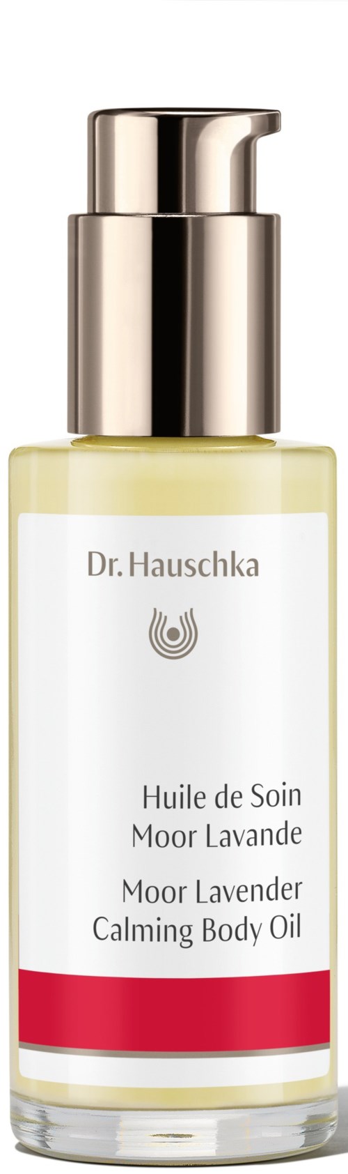 A bottle of calming body oil with a pump, labeled 'Dr. Hauschka Moor Lavande'.