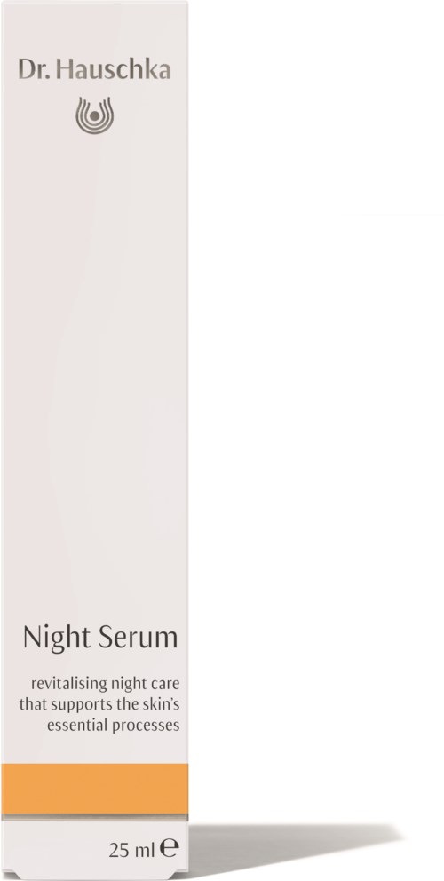 A white box with the brand name 'Dr. Hauschka' and a logo at the top. It says 'Night Serum' and mentions skincare benefits.