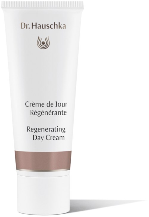 A white tube of Dr. Hauschka Regenerating Day Cream with silver and brown accents.