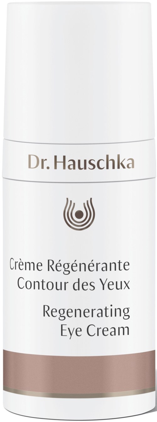 Eine weiße Flasche mit braunen und weißen Labels, gekennzeichnet als Dr. Hauschka Regenerating Eye Cream, für die Augenpflege.