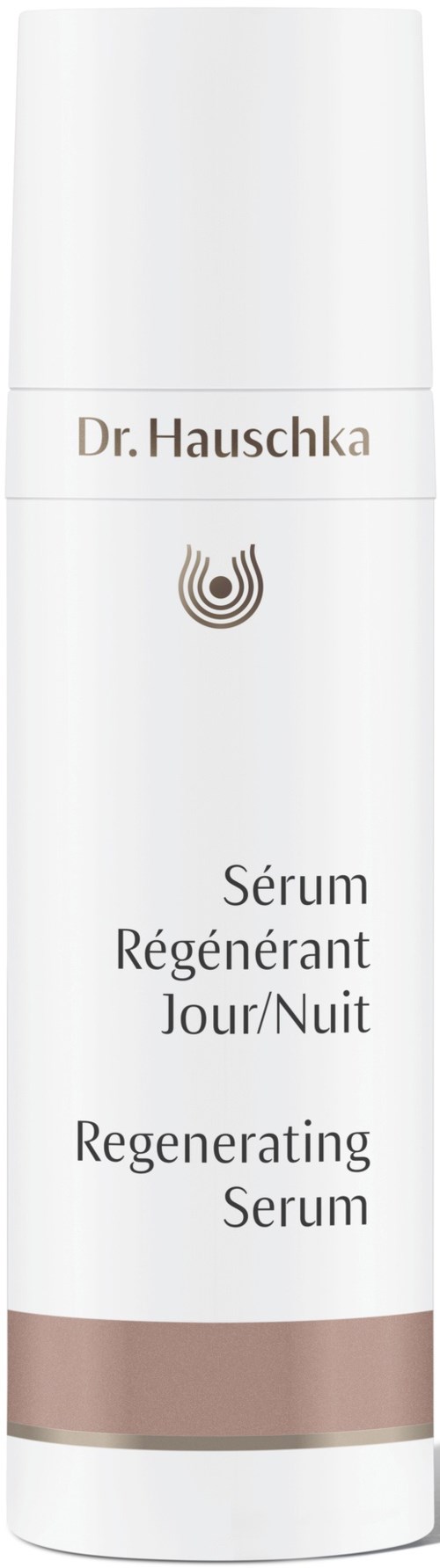 Valkoinen pullo, jossa lukee 'Dr. Haushcka' ja 'Regenerating Serum' suomeksi ja englanniksi.
