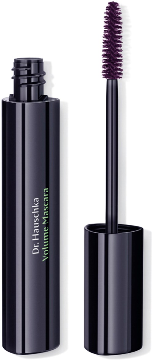 En svart mascara-tub med en borste som har lila mascara.