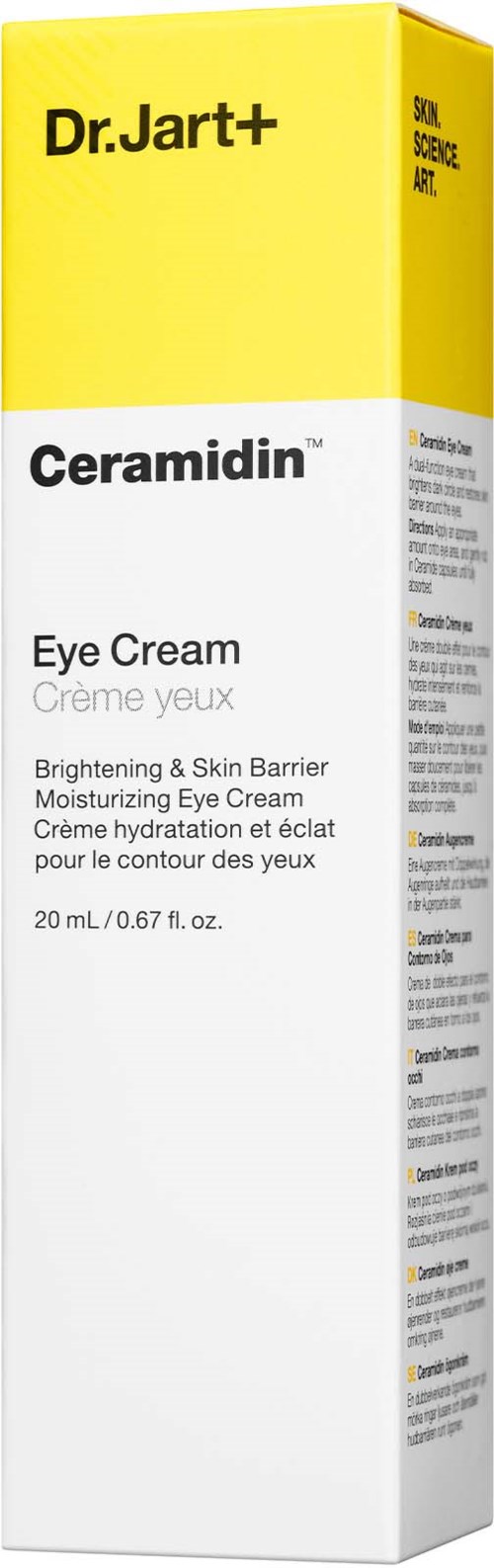 En gulvit förpackning märkt Dr. Jart+ Ceramidin Eye Cream för återfuktning och hudbarriär. Innehåller 20 ml.