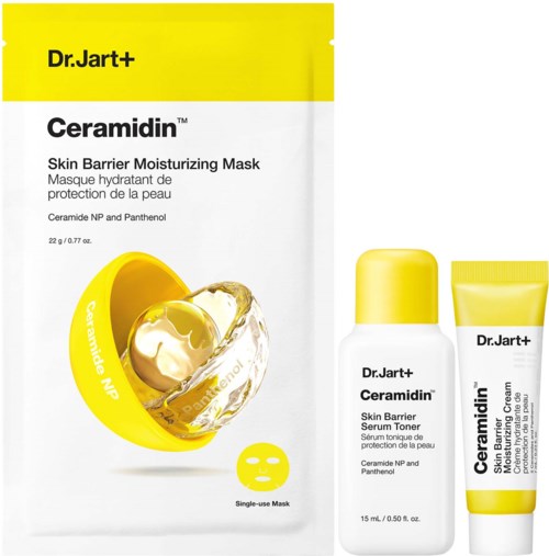 A skincare set with a yellow and white packaging including a mask, toner, and cream for skin protection.