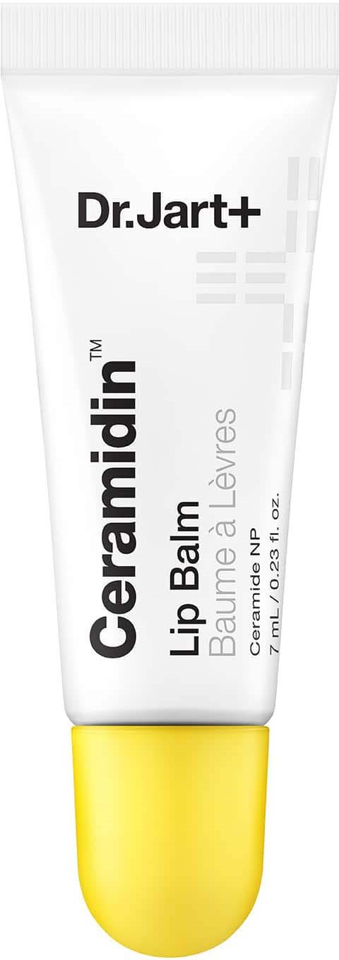 A white tube with a yellow cap, labeled Dr. Jart+ Ceramidin Lip Balm, designed for lips, with text in black.