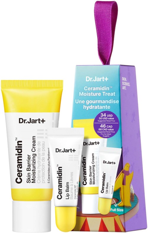 A set of skincare products including a yellow tube, a small tube, and a box with purple and blue colors.