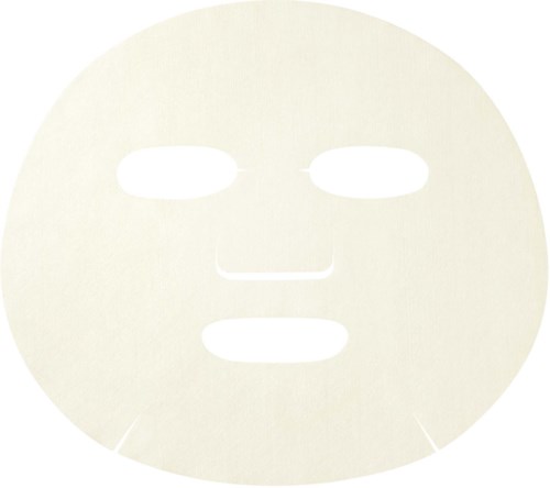 A white face mask with cutouts for eyes, nose, and mouth, used for skincare or cosmetics.
