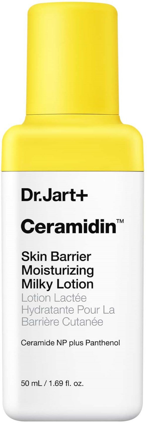 A yellow and white bottle of moisturizer from Dr. Jart+, called Ceramidin. It is for skin protection and hydration.