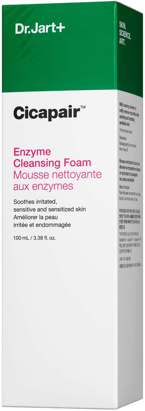 Green and white box with text about enzyme cleansing foam, soothing for sensitive skin.