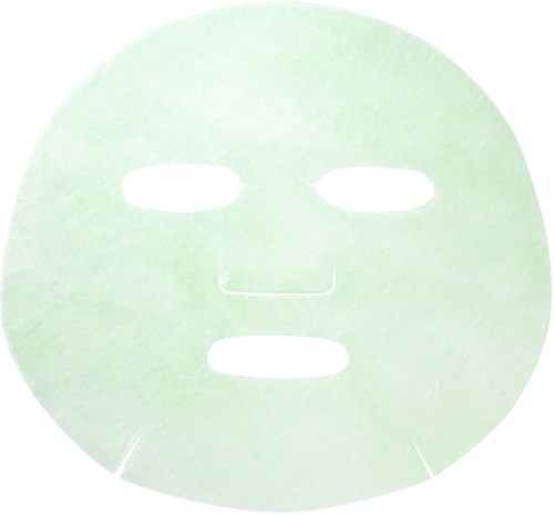 A light green sheet mask with cutouts for eyes, nose, and mouth, used for skincare.