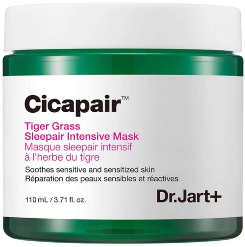 Green jar of Dr. Jart+ Cicapair Tiger Grass Sleepair Mask for sensitive skin. Contains 110 ml. Soothes skin.