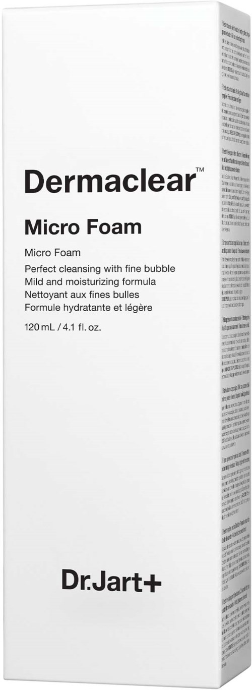 Een witte doos met zwarte tekst met Dermaclear Micro Foam, een milde huidreiniger van Dr. Jart+.