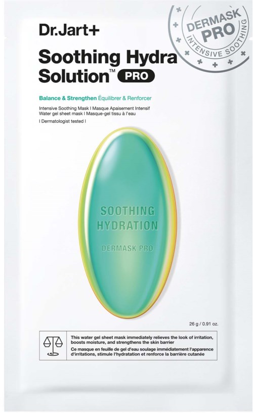 A skincare product packet labeled Dr. Jart+ Soothing Hydra Solution PRO, with a green and blue gel image, and product details.