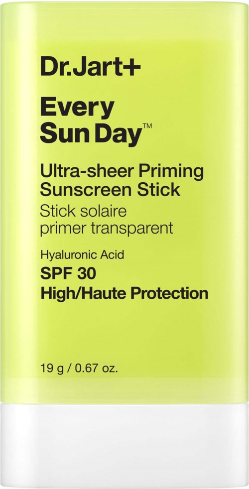 En grön rör med vit botten, märkt Dr. Jart+ Every Sun Day solskydds stick, SPF 30 skydd.