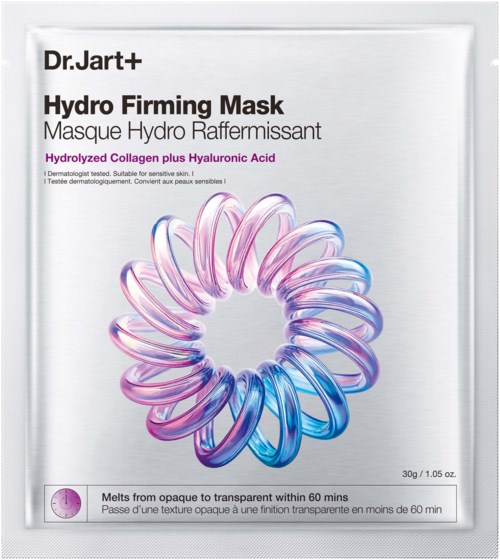 Hydro Faming Mask by Dr. Jart+ with hydolyzed collagen and hyaluronic acid, features a colorful, spiral-shaped design on the packaging.