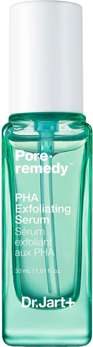 En tealfärgad flaska märkt Pore Remedy PHA Exfoliating Serum från Dr. Jart+ med vit topp.