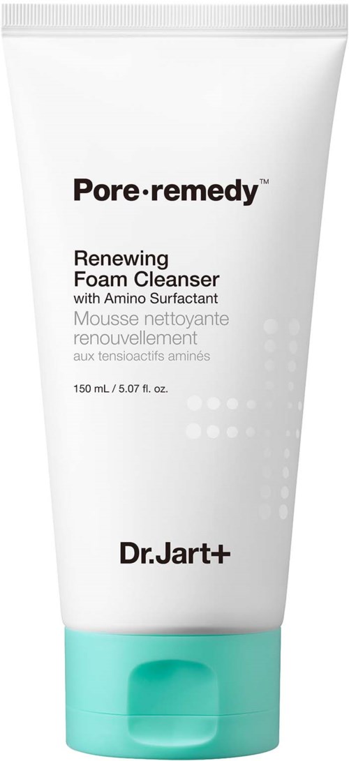 A white tube with a turquoise cap, labeled 'Pore-remedy,' for cleansing skin, contains foam with amino surfactant by Dr. Jart+.