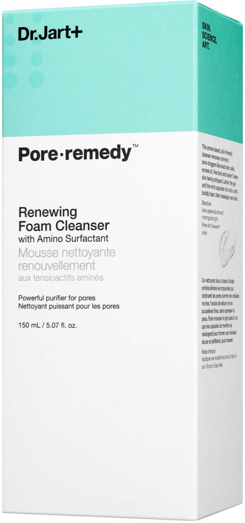 A box of Dr. Jart+ Pore-remedy cleanser with a green and white design. It mentions renewing foam with amino surfactant.