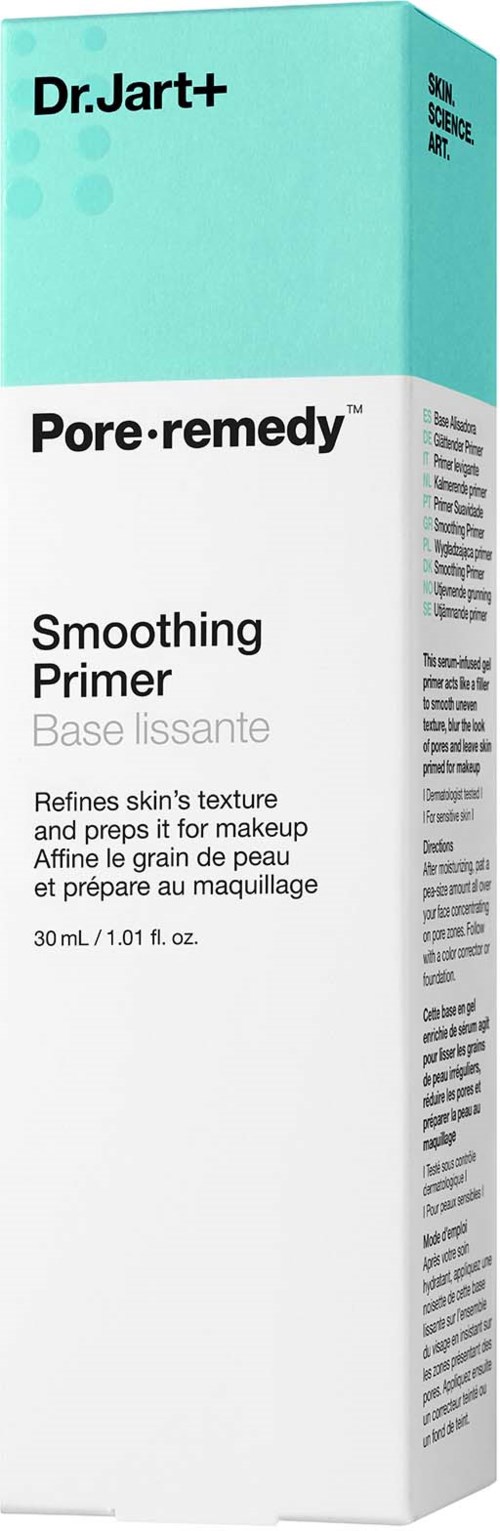 Een turquoise en witte doos van Dr. Jart+ Pore-remedy Smoothing Primer, 30 ml, voor een egale huid.
