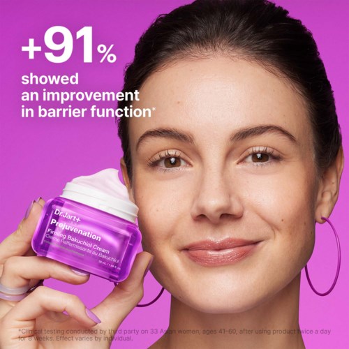 A woman holds a purple jar of skincare cream, smiling. Text says +91% showed improvement in barrier function.