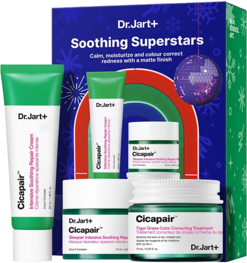 A skincare set with tubes and jars for soothing, moisturizing, and reducing redness, packaged in a box with a festive design.