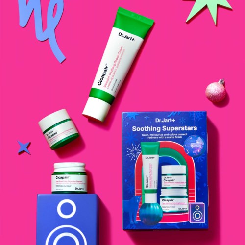 A Pink background with skincare products in colorful packaging, including jars, tubes, and a box, along with decorative stars.