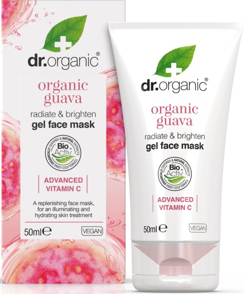 A box and tube of dr.organic organic guava gel face mask with green leaf logo, pink design, and claims of brightening and vitamin C.