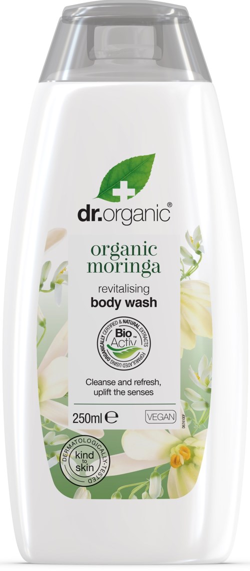 A white bottle with green leaves, labeled 'dr. organic' and 'organic moringa' body wash, 250ml, vegan, renews and refreshes.