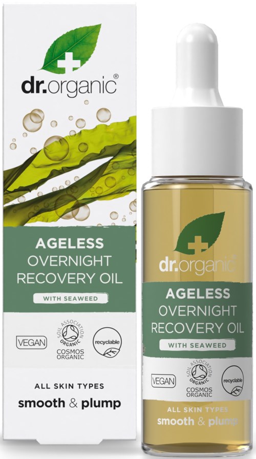 En hudvårdsprodukt som heter Dr. Organic Ageless Overnight Recovery Oil med tång, i en genomskinlig flaska med grön etikett.