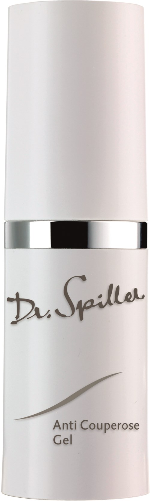 En vit flaska med silverband och handskriven text som säger "Dr. Spiller". Den är märkt "Anti Couperose Gel."