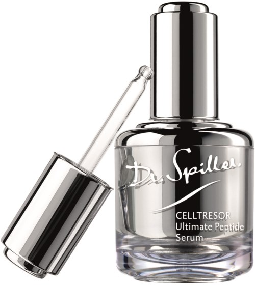 En glänsande glasflaska med en pipett, märkt 'Dr. Spiller Celltre Sor Ultimate Peptide Serum'.