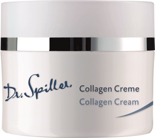 En vit burk med silverband, märkt Dr. Spiller Collagen Creme för hudvård. Den har en enkel design.