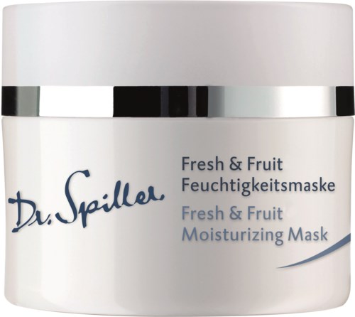 En hvit krukke med Dr. Spiller Fresh & Fruit Moisturizing Mask med sølvlokk.