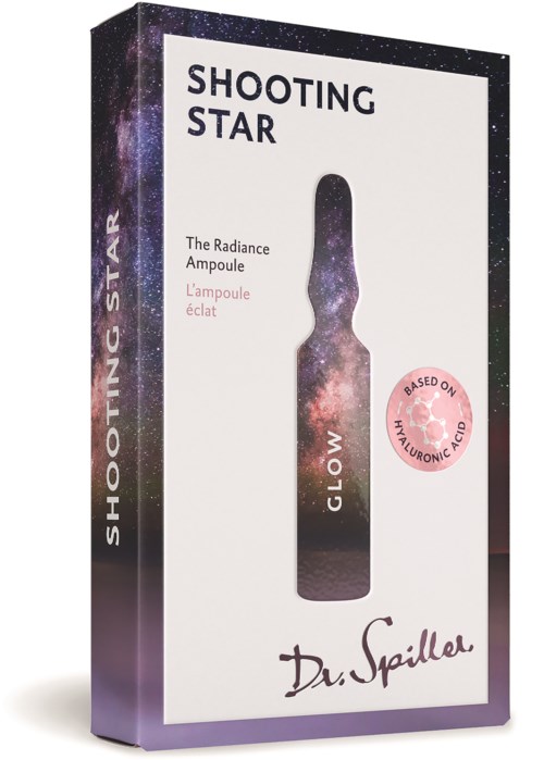 Pakkaus glow-ampullille, galaksimuotoilu, merkitty hyaluronihapon perusteella, nimeltään Shooting Star.