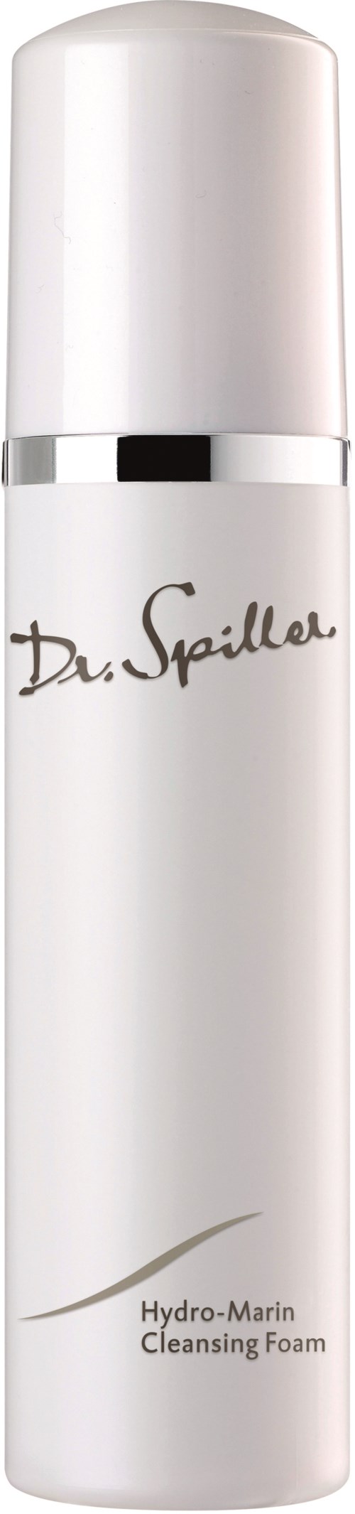 En vit cylindrisk flaska med en silverrand nära toppen, märkt 'Dr. Spiller Hydro-Marin Cleansing Foam'.