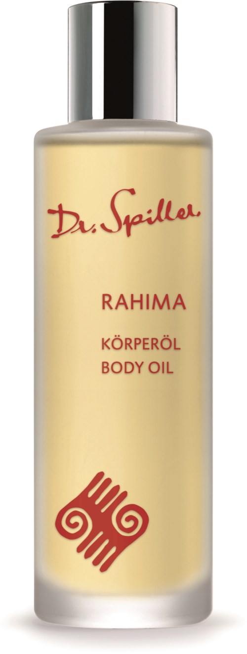 En flaska kroppsolja märkbar 'Rahima' av Dr. Spilled, med silverlock och enkel design.