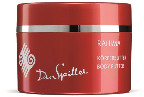 Röd burk med silver- och svartband, märkt 'Rahima Body Butter' av Dr. Spiller.