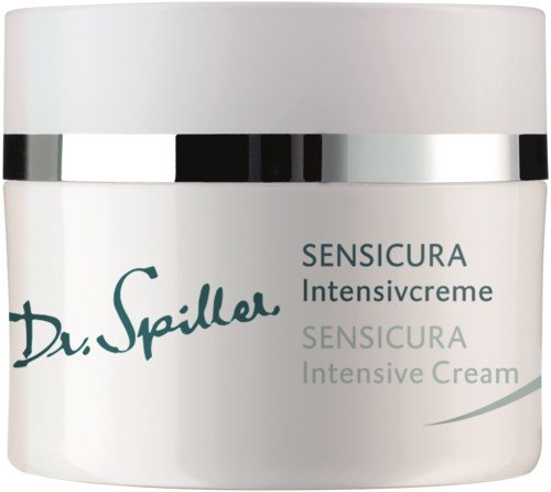 En hvit krukke med Dr. Spiller Senscura Intensive Cream med en sølvkant rundt toppen.