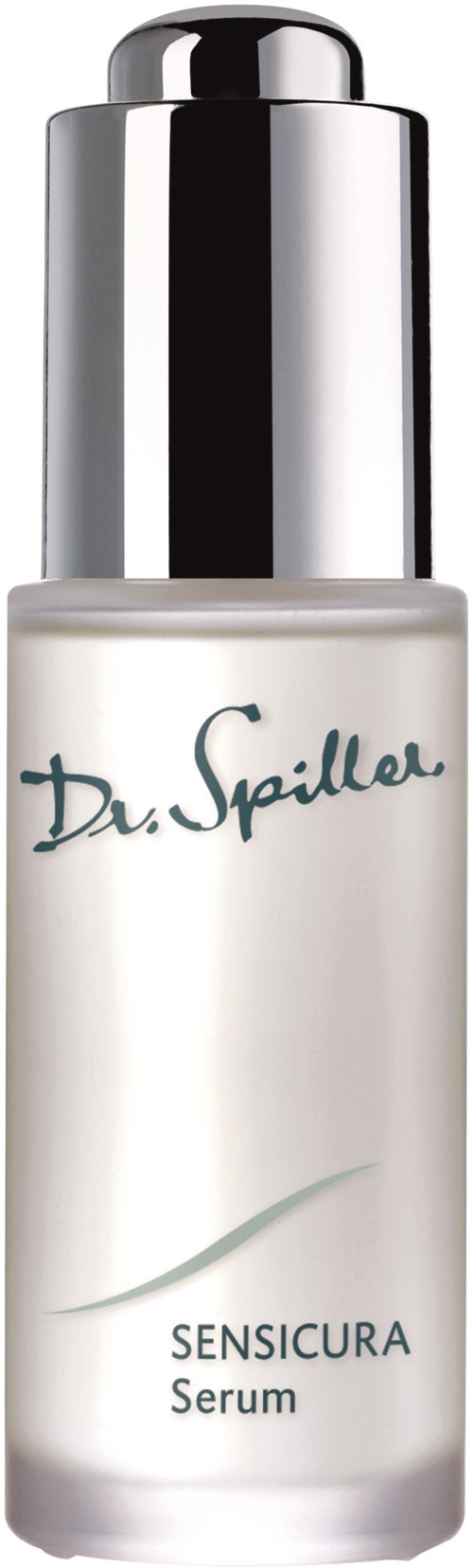 En hvit flaske med en sølvpumpe og lokk, merket 'Dr. Spiller' og 'Sensicura Serum'.