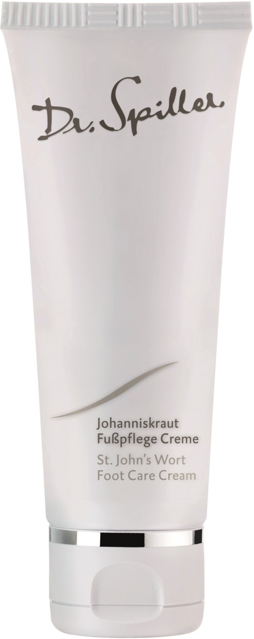 Vit tub med fotvårdscreme med svarta och silverfärgade detaljer, märkt 'Dr. Spiller' och 'Foot Care Cream'.