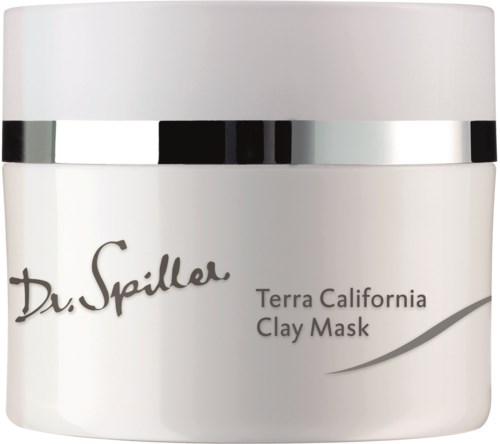 En hvit krukke med leiremål merket 'Dr. Spiller Terra California Clay Mask' med en sølvstripe.