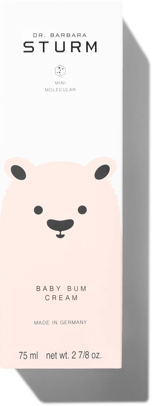 White box with a bear face illustration, text about Dr. Barbara Sturm baby bum cream, and product details.