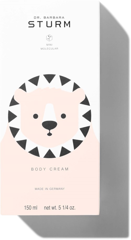 A white box with a cute bear face illustration, labeled 'Body Cream,' with black and pink design elements.