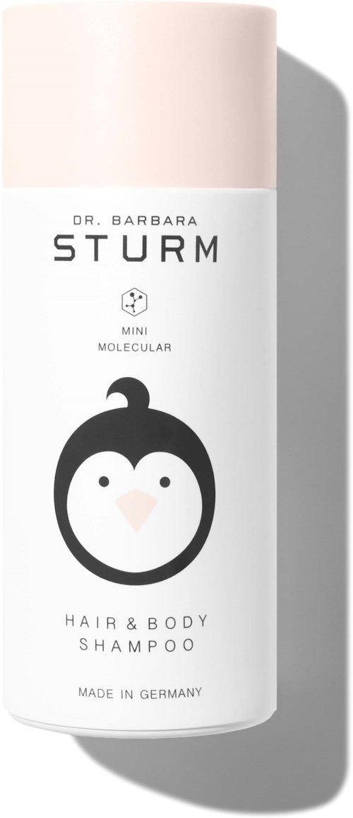 En hvit og rosa sjampo flaske med en søt pingvinlogo, merket Dr. Barbara Sturm Mini Molecular Hair & Body.