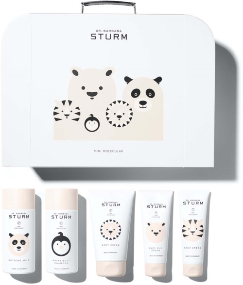 Förpackningar med söta djurillustrationer som panda, tiger och björn, märkt 'DR. BARBARA STURM'.